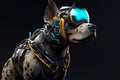 Headshot of cyberpunk dog with futuristic bionic face mask. Generative AI