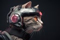 Headshot of cyberpunk super cat wearing futuristic bionic helmet. Generative AI