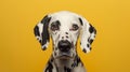 The headshot of a Dalmatian dog against a yellow background is a studio portrait