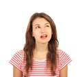 Headshot of indecisive confused young girl. emotional girl isolated on white background