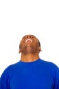 Headshot man wearing strong blue colored t-shirt laughing hard while tilting head backwards, white studio background