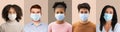 Headshot millennial and mature multiracial persons in protective masks isolated on colorful backgrounds, prevent flu