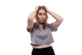 Headshot portrait of excited teenage girl in gray t-shirt