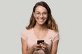 Headshot portrait laughing girl in glasses looking at camera Royalty Free Stock Photo