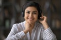 Headshot portrait of smiling Indian woman talk on webcam call Royalty Free Stock Photo