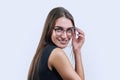 Headshot portrait of young woman in trendy glasses on white background Royalty Free Stock Photo