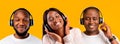 Headshot Portraits Of Excited Black People Wearing Wireless Headphones