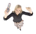 Headshot of young blonde happy woman with moble phone