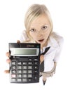 Headshot of young blonde woman with calculator
