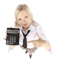 Headshot of young blonde woman with calculator