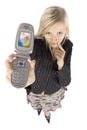 Headshot of young blonde woman with moble phone