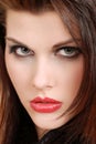 Headshot young brunette woman with red lipstick Royalty Free Stock Photo