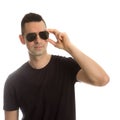 Headshot of a young man wearing aviator sunglasses, Royalty Free Stock Photo