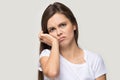 Headshot of young woman feeling toothache suffering from dental pain