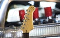 Headstock of the six string classic electric guitar on blurred background Royalty Free Stock Photo