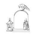 Headstone with crow and retro candleholder with burning candles one line art. Continuous line drawing of grave, cemetery