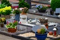 Headstones in a cemetery with many different flowers Royalty Free Stock Photo