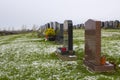 Headstones in the local cemetery in Bangor County Down Northern Ireland on a cold frosty winter day