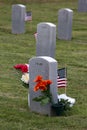 Headstones in the Veteran`s Cemetery Decorated with American Flags for Veteran`s Day Royalty Free Stock Photo