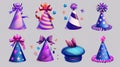 Headwear for anniversary celebrations, colorful ribbons and confetti. Modern illustration of realistic 3d objects. Icons