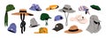 Headwear of different types set. Caps, summer panama, visor, beach, cowboy, fishing hat, beret, bandana. Head wearing