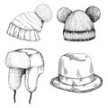 Headwear doodle cartoon style. Set of different hat with pom pom, hat with ear flaps, funny hat with two pom-poms Royalty Free Stock Photo