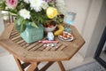 Healthy morning breakfast on the rotang wooden table set up