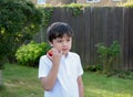 Healhty mixed race kid eating red apple, Cute boy eating fruit for snack, Child standing alone in front garden in the morning