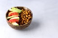 Healhty Vegan Lunch Bowl with Avocado Tomato Chickpeas Vegetables Salad Top View Horizontal Copy Space