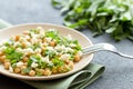 Healhty vegan lunch bowl with chickpeas, vegetable salad, close up