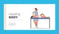 Healing Body Landing Page Template. Osteopathic Treatment Concept. Woman Lying On Couch In Doctor Osteopath Office