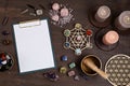 Healing chakra crystal grid therapy. Rituals with gemstones and aromatherapy for wellness, healing, meditation