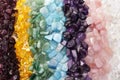 Healing Chakra Crystals Banner. Chakra colored tumbled healing stones. Royalty Free Stock Photo