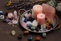 Healing chakra crystals therapy. Alternative rituals, gemstones for wellbeing, meditation, destress