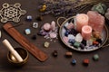 Healing chakra crystals therapy. Alternative rituals, gemstones for wellbeing, meditation, destress