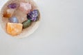 Healing crystals - Amethyst Point and cluster, clear quartz, Citrine, calcite, rose quartz Royalty Free Stock Photo