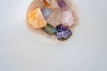 Healing gemstones and crystals - Amethyst Point and cluster, clear quartz, Citrine, calcite, rose quartz Royalty Free Stock Photo