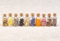 Healing herbs in glass bottles, herbal medicine.