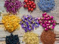 Healing herbs and herbal tea assortment and berries on table. Royalty Free Stock Photo