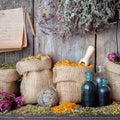 Healing herbs in hessian bags, bottles and paper sheet Royalty Free Stock Photo