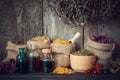 Healing herbs in hessian bags