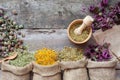 Healing herbs in hessian bags, wooden mortar and recipes Royalty Free Stock Photo