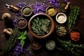 Healing herbs on wooden table, mortar and pestle, herbal medicine, top view Royalty Free Stock Photo