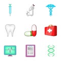 Healing icons set, cartoon style