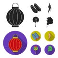 Healing root, Korean flashlight, national shoes, multi-colored fan. South Korea set collection icons in black,flat style