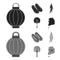 Healing root, Korean flashlight, national shoes, multi-colored fan. South Korea set collection icons in black,monochrome