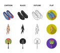 Healing root, Korean flashlight, national shoes, multi-colored fan. South Korea set collection icons in cartoon,black