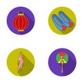 Healing root, Korean flashlight, national shoes, multi-colored fan. South Korea set collection icons in flat style