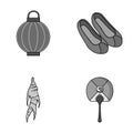 Healing root, Korean flashlight, national shoes, multi-colored fan. South Korea set collection icons in monochrome style