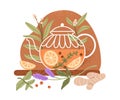 Healing tea brewed in glass teapot with herbs, herbal flowers, lemon fruit. Aromatic hot drink with medicinal plants for